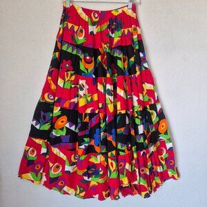 Vintage Ali Miles Vibrant Floral Animal Tiered Maxi Skirt Elastic Waist